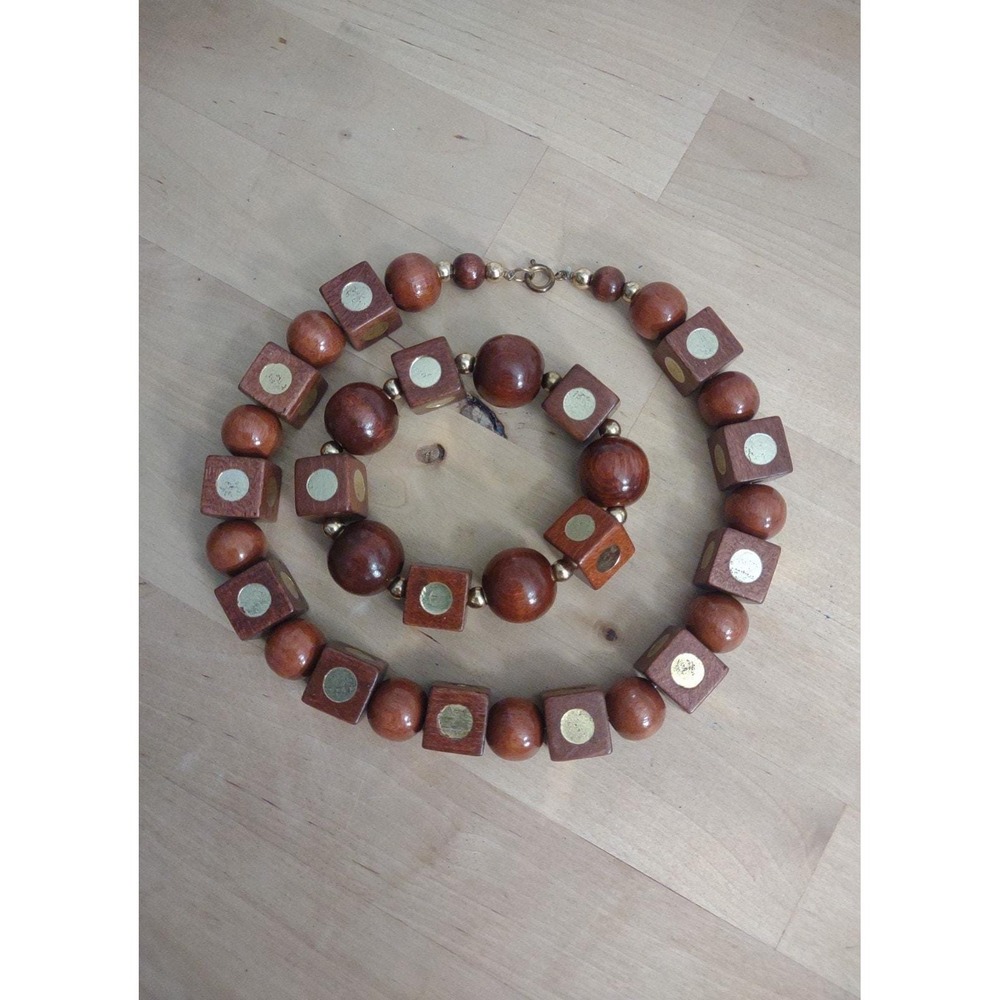 Vintage Wooden Bead Necklace & Bracelet Set Brown Wood Square Cube Round Beads